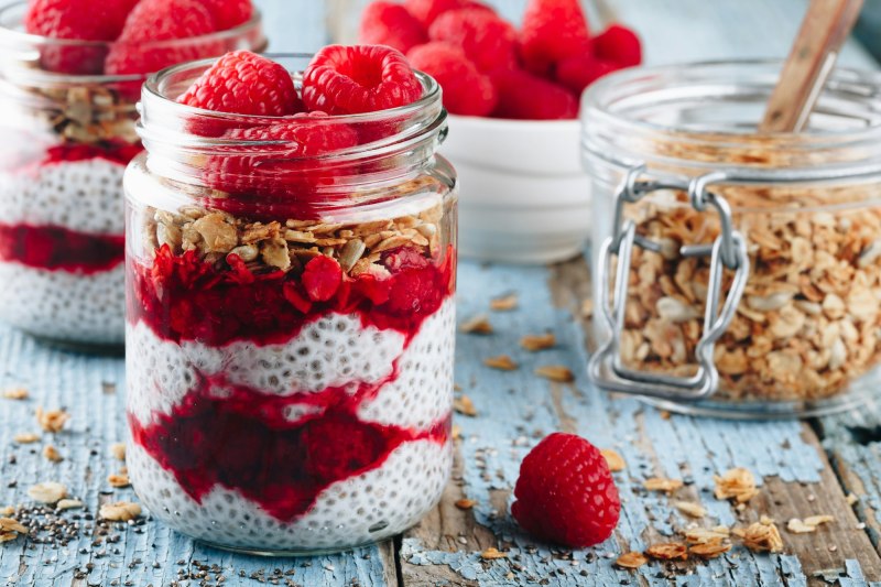 Chia Pudding. Healthy vanilla raspberry chia pudding