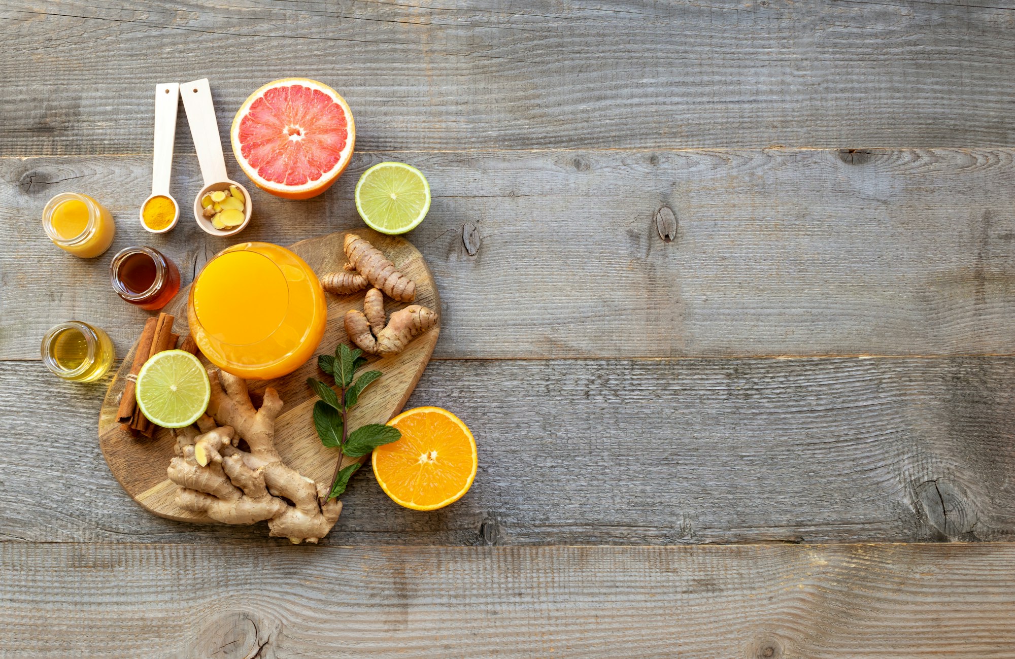 Top view on the immune system booster - orange juice